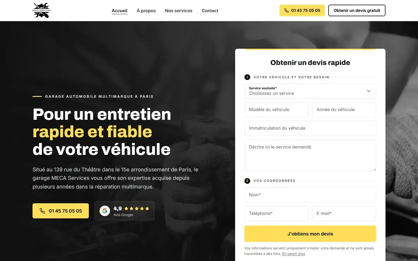 Page d’accueil du site MECA Services